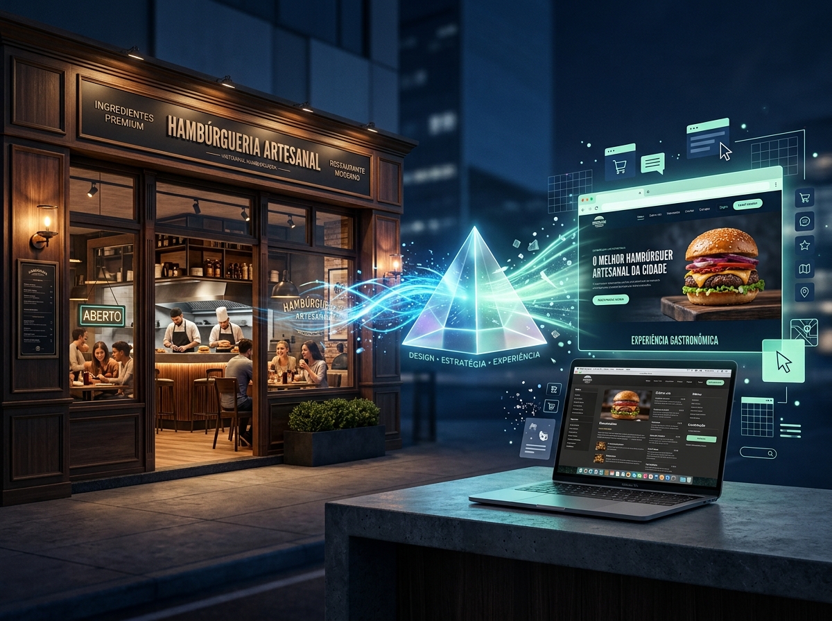 Presença digital de uma hamburgueria artesanal: loja física e site responsivo